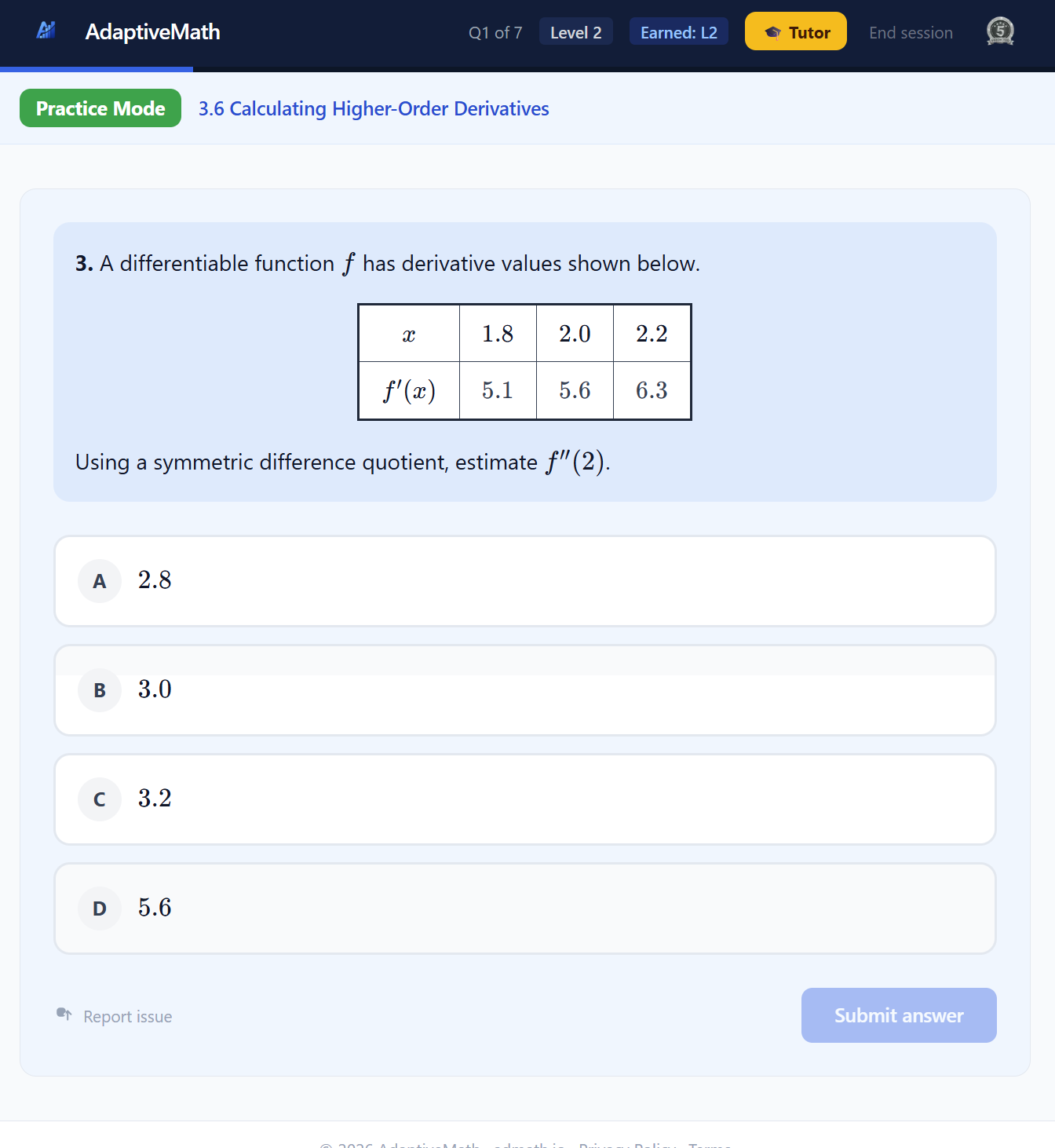 AdaptiveMath practice mode showing Level 2 difficulty, Earned Level L2 badge, AI Tutor button, and a calculus question with multiple choice answers